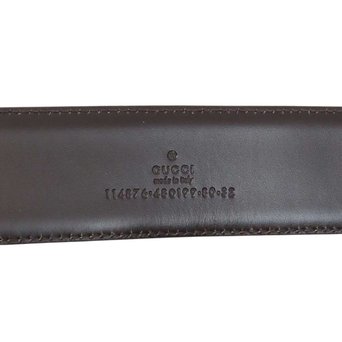GUCCI 
Logo silver-tone metal 
Interlocking G buckle GG canvas leather belt