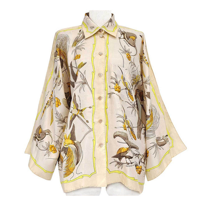 HERMES 
ロゴボタン 島々の鳥 スカーフ柄 
Les Oiseaux des Iles シルク シャツ