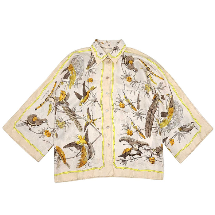 HERMES 
ロゴボタン 島々の鳥 スカーフ柄 
Les Oiseaux des Iles シルク シャツ