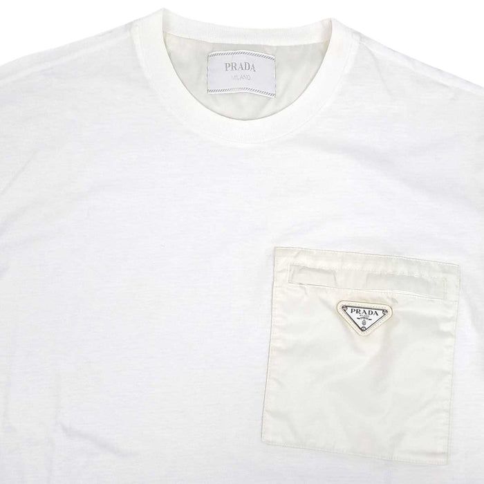 PRADA 
Cotton Re-Nylon Contrast Panel 
Triangle Logo Cotton Nylon T-Shirt