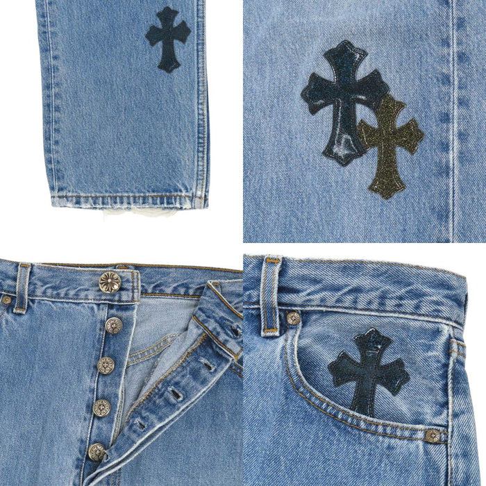 CHROME HEARTS 
CH Levi's 501 distressed-finish cross-patch scroll-label 
galaxy-patch denim pants, Saint Barth limited edition