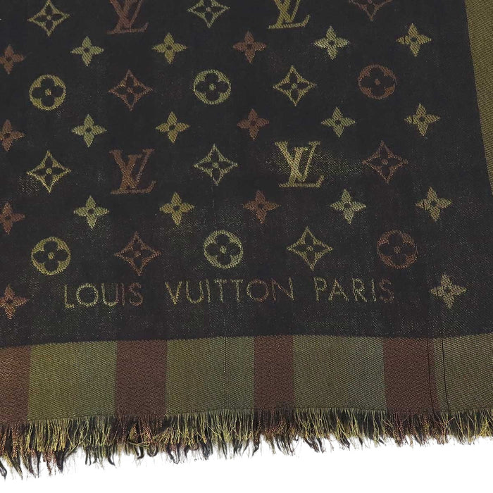 LOUIS VUITTON 
LV Logo Fringe Silk Blend 
Monogram So Shine Shawl