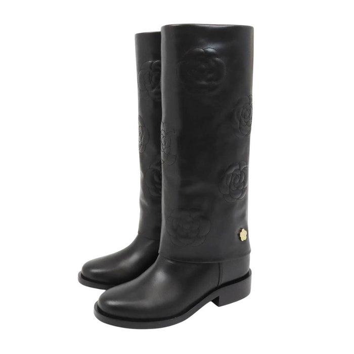 CHANEL 
COCO CC logo leather gold-tone metal 
Coco Mark camellia long boots