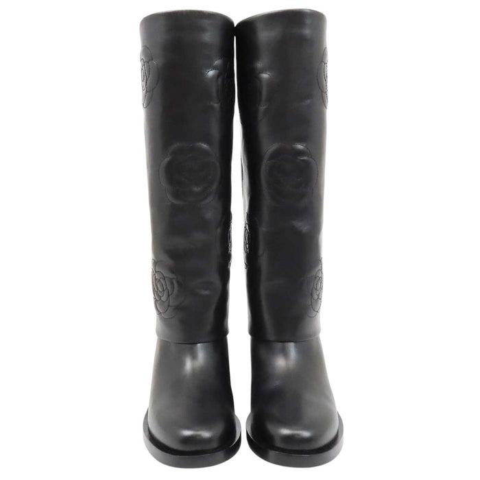 CHANEL 
COCO CC logo leather gold-tone metal 
Coco Mark camellia long boots