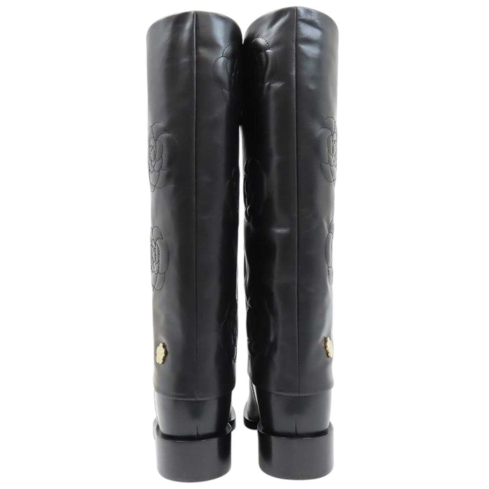 CHANEL 
COCO CC logo leather gold-tone metal 
Coco Mark camellia long boots