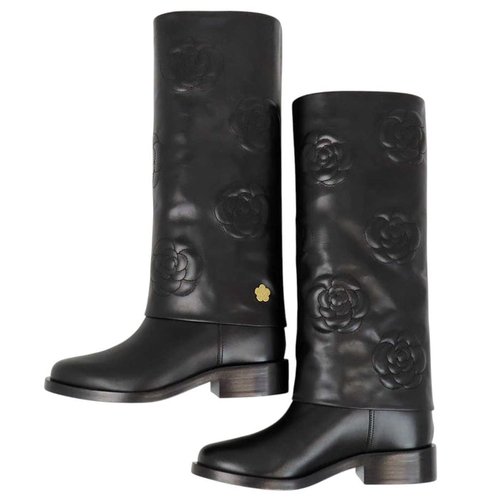 CHANEL 
COCO CC logo leather gold-tone metal 
Coco Mark camellia long boots