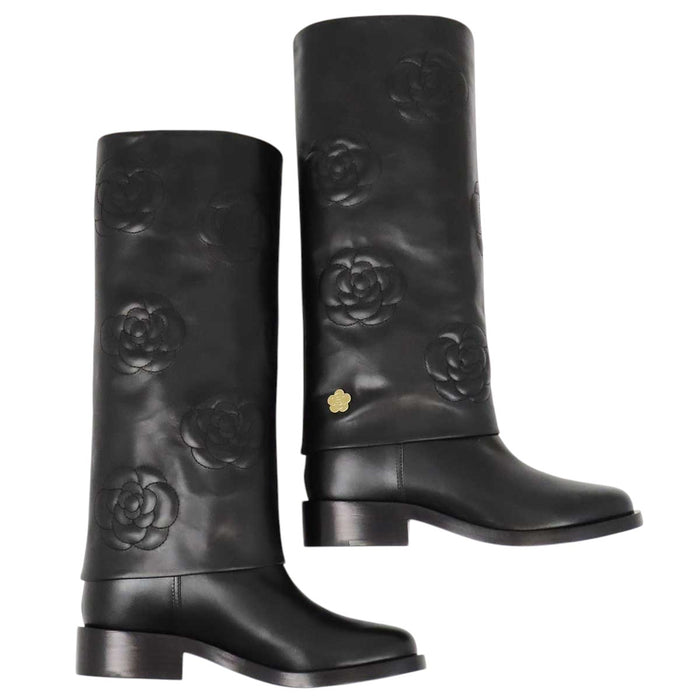 CHANEL 
COCO CC logo leather gold-tone metal 
Coco Mark camellia long boots
