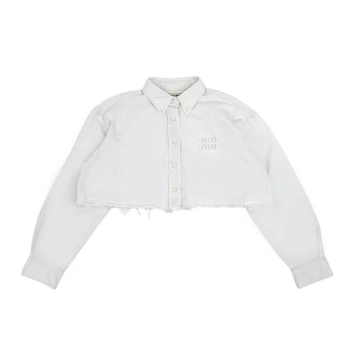 MIUMIU 
Logo raw-edge cotton long-sleeve 
Cropped denim shirt
