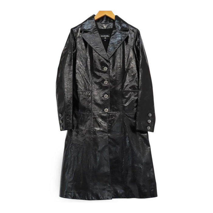 CHANEL 
COCO CC camellia calfskin Coco button 
Coco logo leather coat