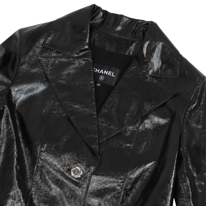 CHANEL 
COCO CC camellia calfskin Coco button 
Coco logo leather coat