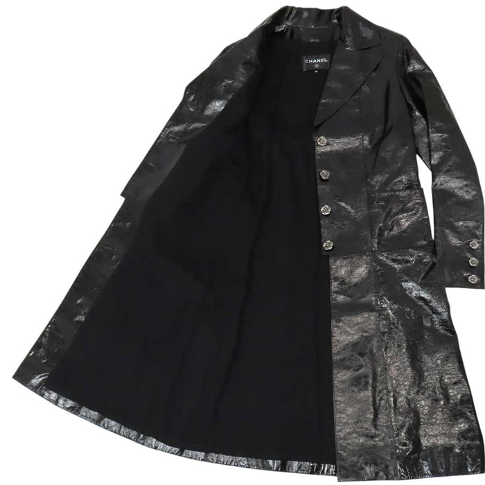 CHANEL 
COCO CC camellia calfskin Coco button 
Coco logo leather coat