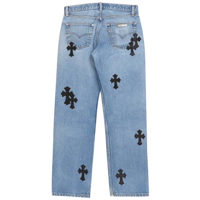 CHROME HEARTS 
Levi's custom CH scroll label silver 
Levi's 501 cross-patch denim pants