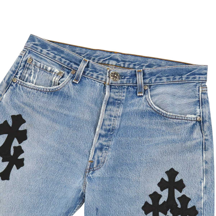 CHROME HEARTS 
Levi's custom CH scroll label silver 
Levi's 501 cross-patch denim pants