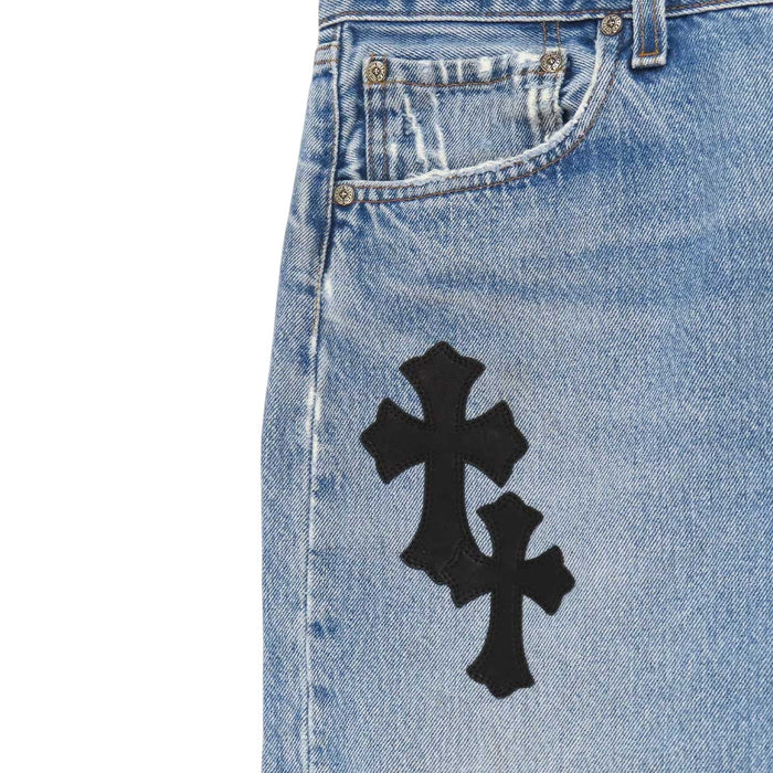 CHROME HEARTS 
Levi's custom CH scroll label silver 
Levi's 501 cross-patch denim pants