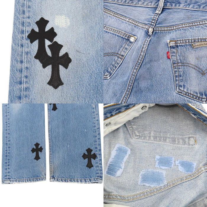 CHROME HEARTS 
Levi's custom CH scroll label silver 
Levi's 501 cross-patch denim pants