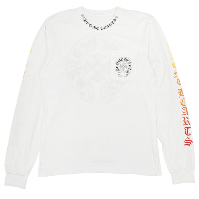 CHROME HEARTS 
Étiquette Scroll, croix CH, coton 
T-shirt à manches longues avec fer à cheval au dos et logo sur la manche