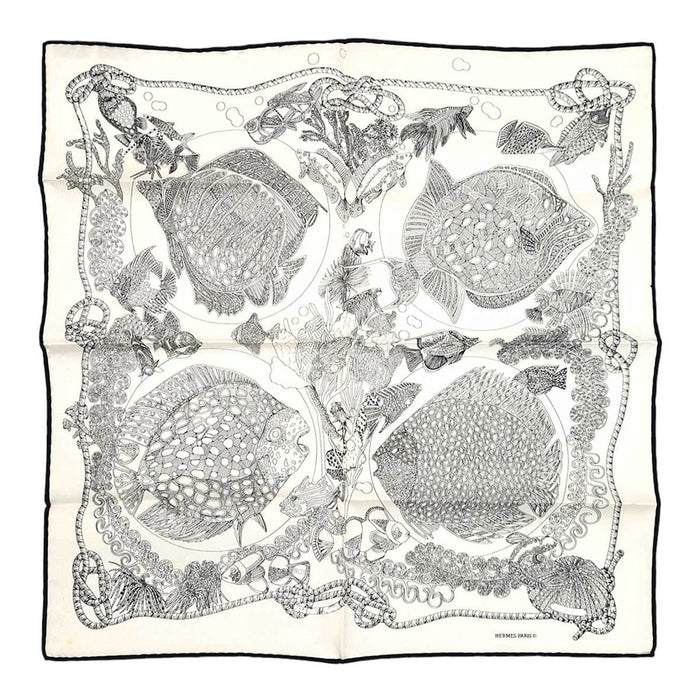 HERMES 
Petit Carré silk fish 
Carré 45 Grands Fonds Deep Sea