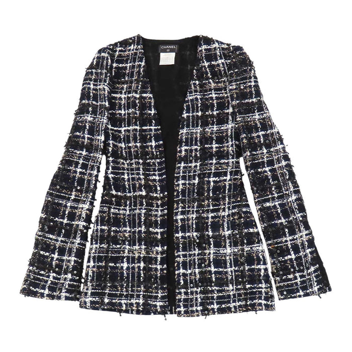 CHANEL 
04A スパンコール ラメ 
ロゴ ツイード ノーカラー ジャケット