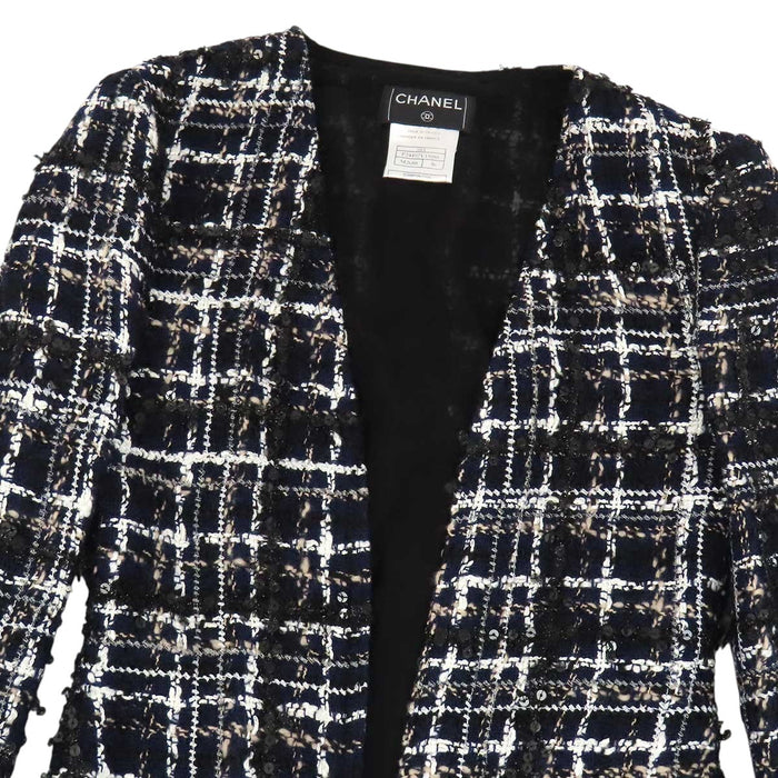 CHANEL 
04A スパンコール ラメ 
ロゴ ツイード ノーカラー ジャケット