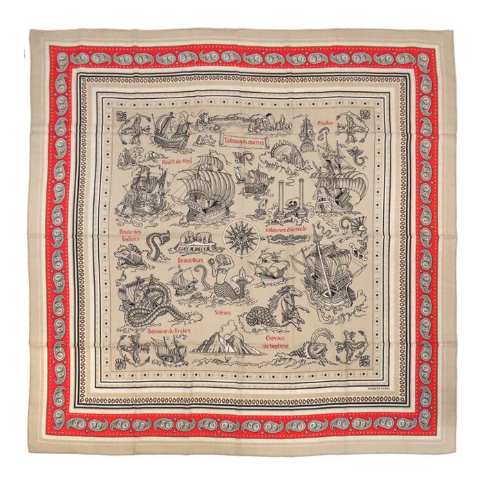 HERMES 
カレ 140 カシシル 宝島 
カレジェアン Tatouages Marins Bandana 
船乗りのタトゥーバンダナ