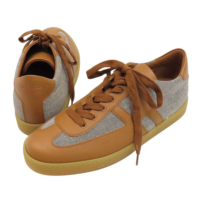 HERMES 
H logo low-top canvas leather lace-up 
Boomerang sneakers