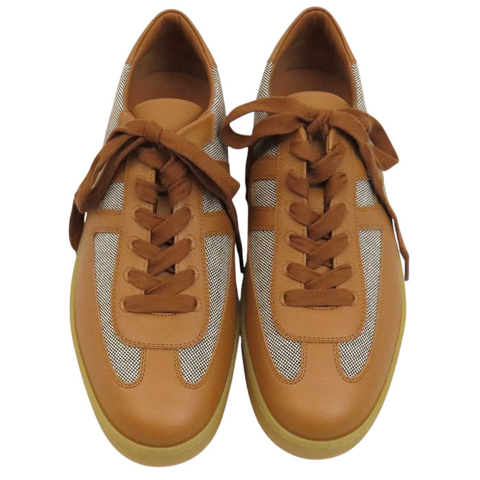 HERMES 
H logo low-top canvas leather lace-up 
Boomerang sneakers