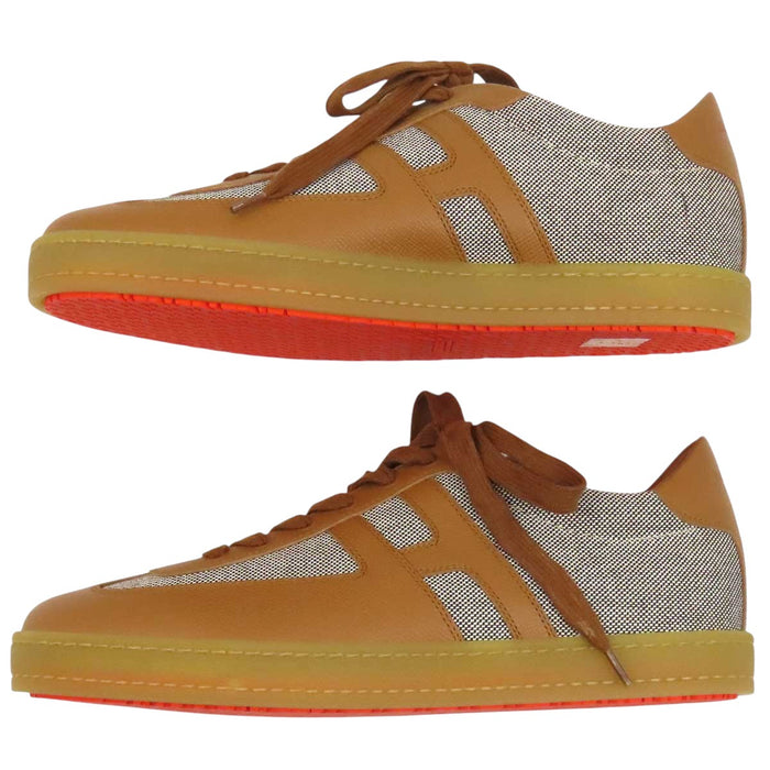 HERMES 
H logo low-top canvas leather lace-up 
Boomerang sneakers
