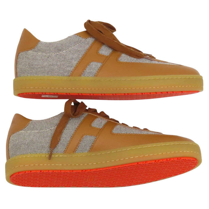 HERMES 
H logo low-top canvas leather lace-up 
Boomerang sneakers